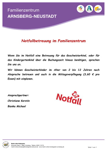 Aushang Notfallbetreuung im Familienzentrum